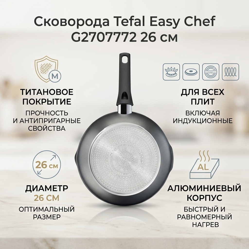 Сковорода Tefal Easy Chef 26 см с антипригарным покрытием, алюминий
