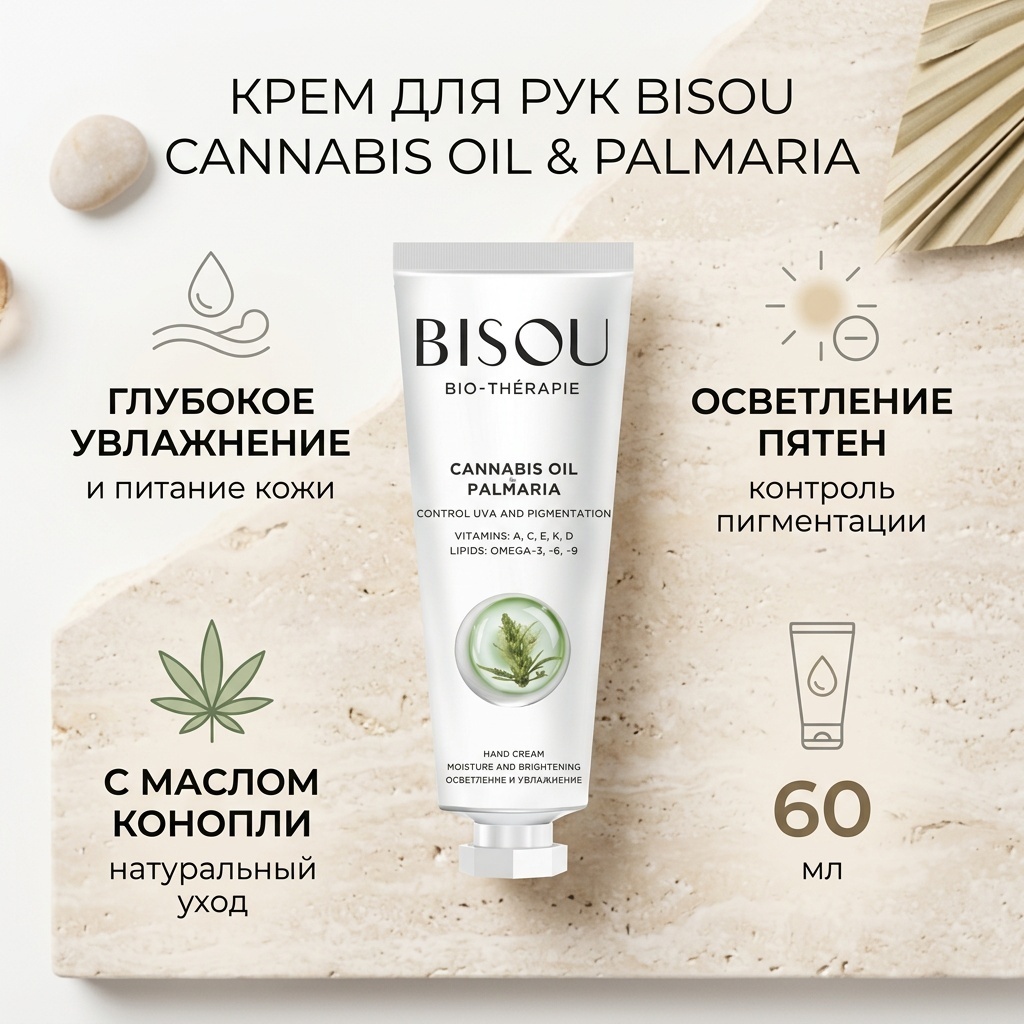 BISOU Cannabis Oil & Palmaria Осветление и увлажнение крем для рук 60 мл, фото 1