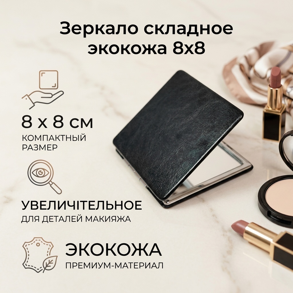 Зеркало складное экокожа 8х8