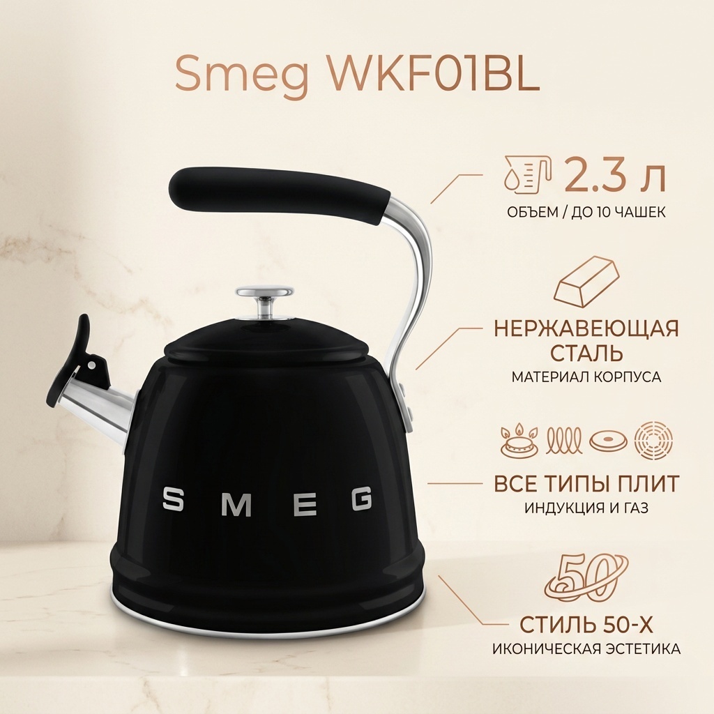 Smeg чайник WKF01BL 2.3 л, нержавеющая сталь