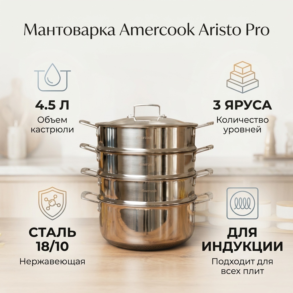 Мантоварка 4.5 л, Amercook Aristo Pro сталь, количество ярусов: 3