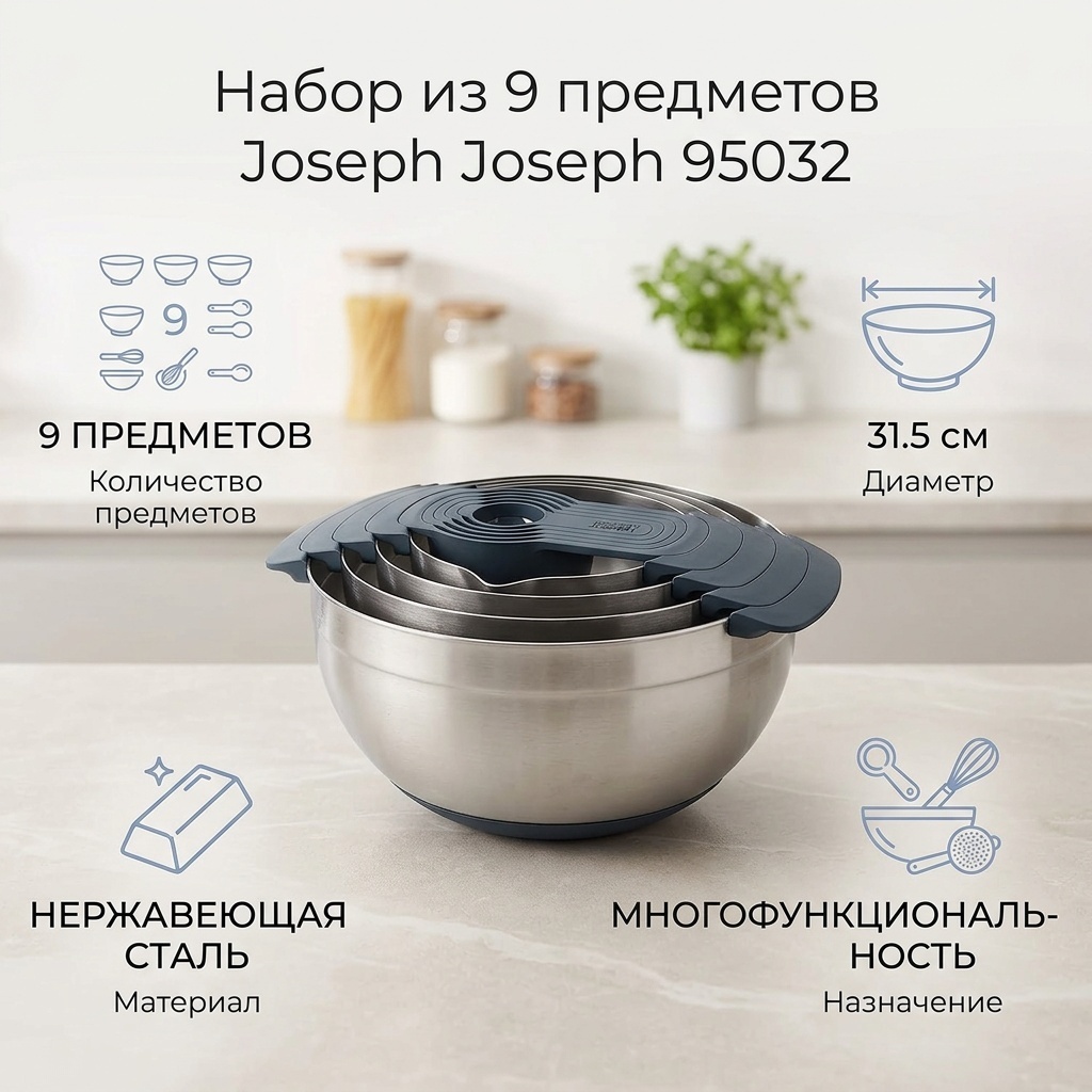 Миска Joseph Joseph 31.5х31.5 см, нержавеющая сталь, 9 шт