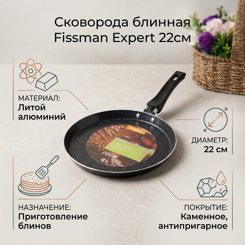 Блинная сковорода 22 см с антипригарным покрытием, алюминий