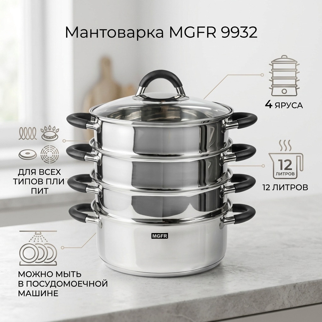 Мантоварка 12 л, MGFR нержавеющая сталь, количество ярусов: 4