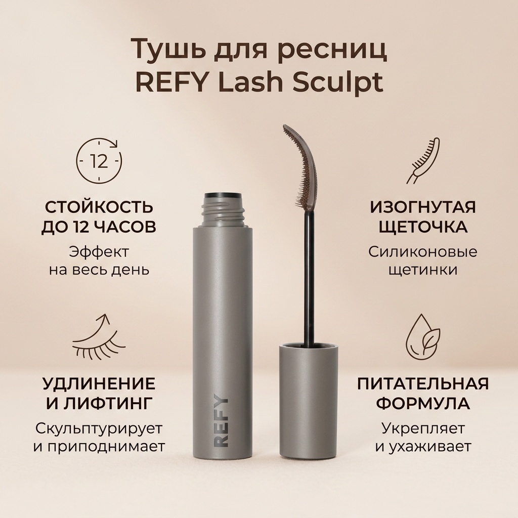 Тушь для ресниц Refy Тушь для ресниц lash sculpt коричневая для объема, удлиняющая, подкручивающая, для питания коричневый