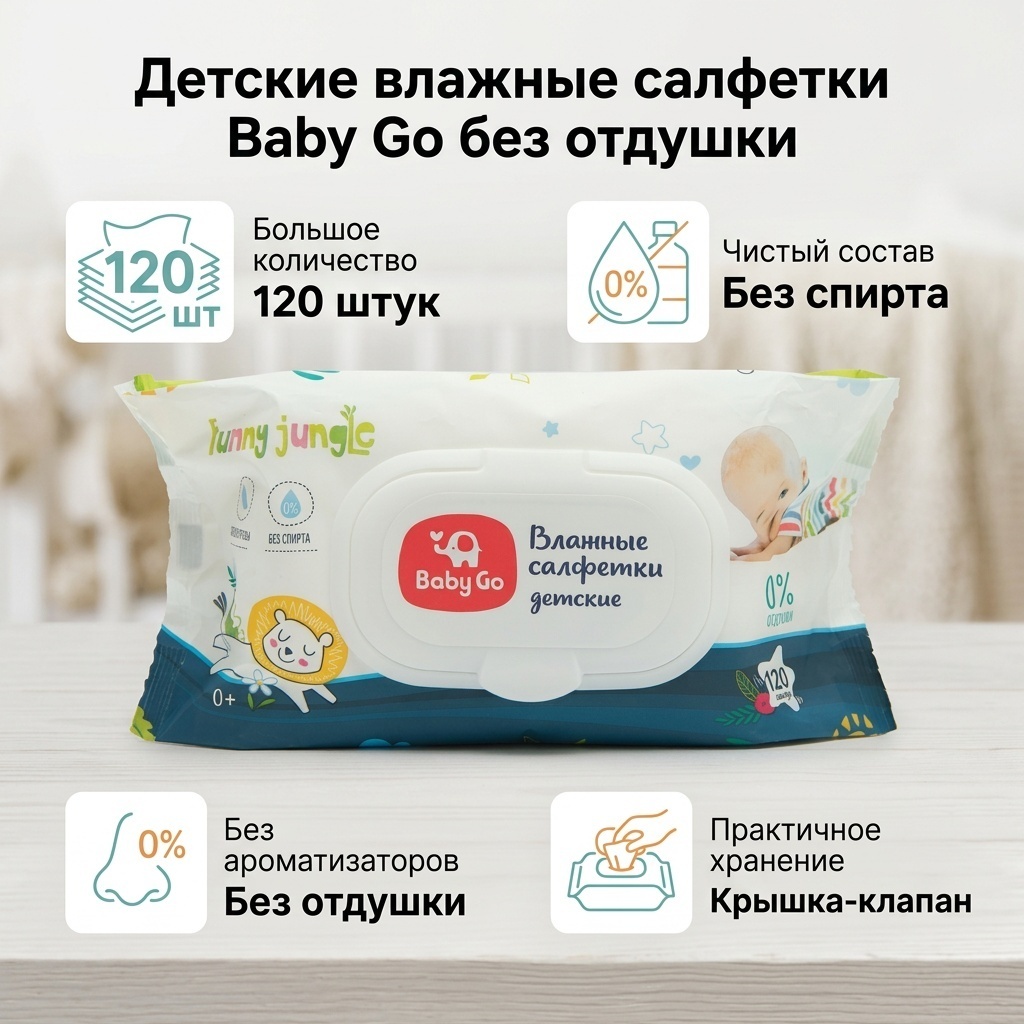 Детские влажные салфетки Baby Go без отдушки 120 шт
