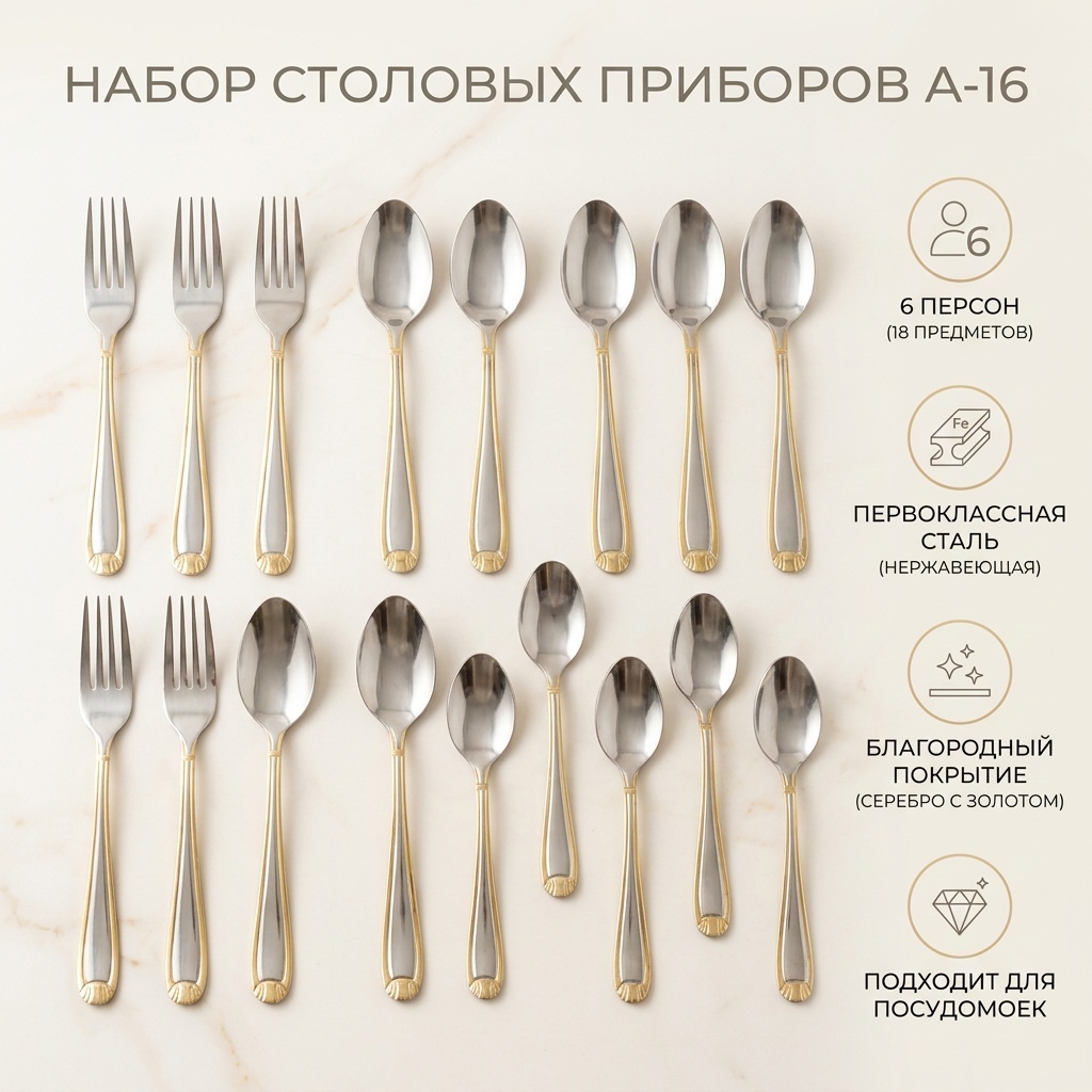 Набор столовых приборов 18 шт, золотистый, серебристый А-16