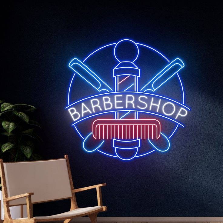 Неоновая вывеска настенный Barbershop, холодный белый, красный, синий