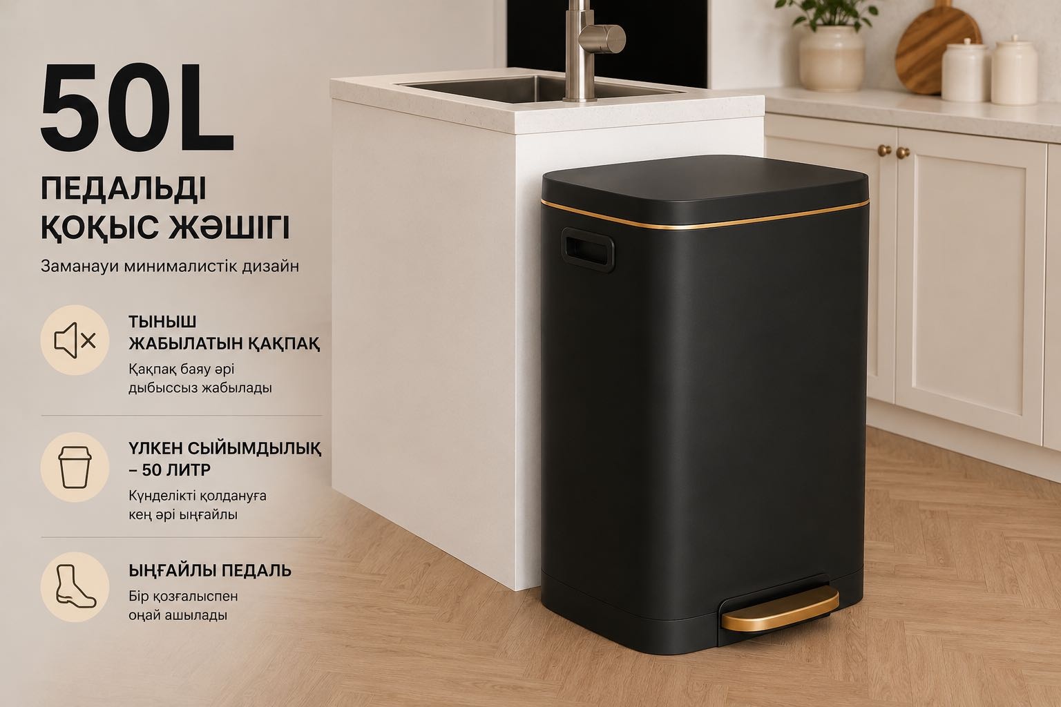 Мусорное ведро 50 л 42.5x35.5x67.3 см, пластик, нержавеющая сталь
