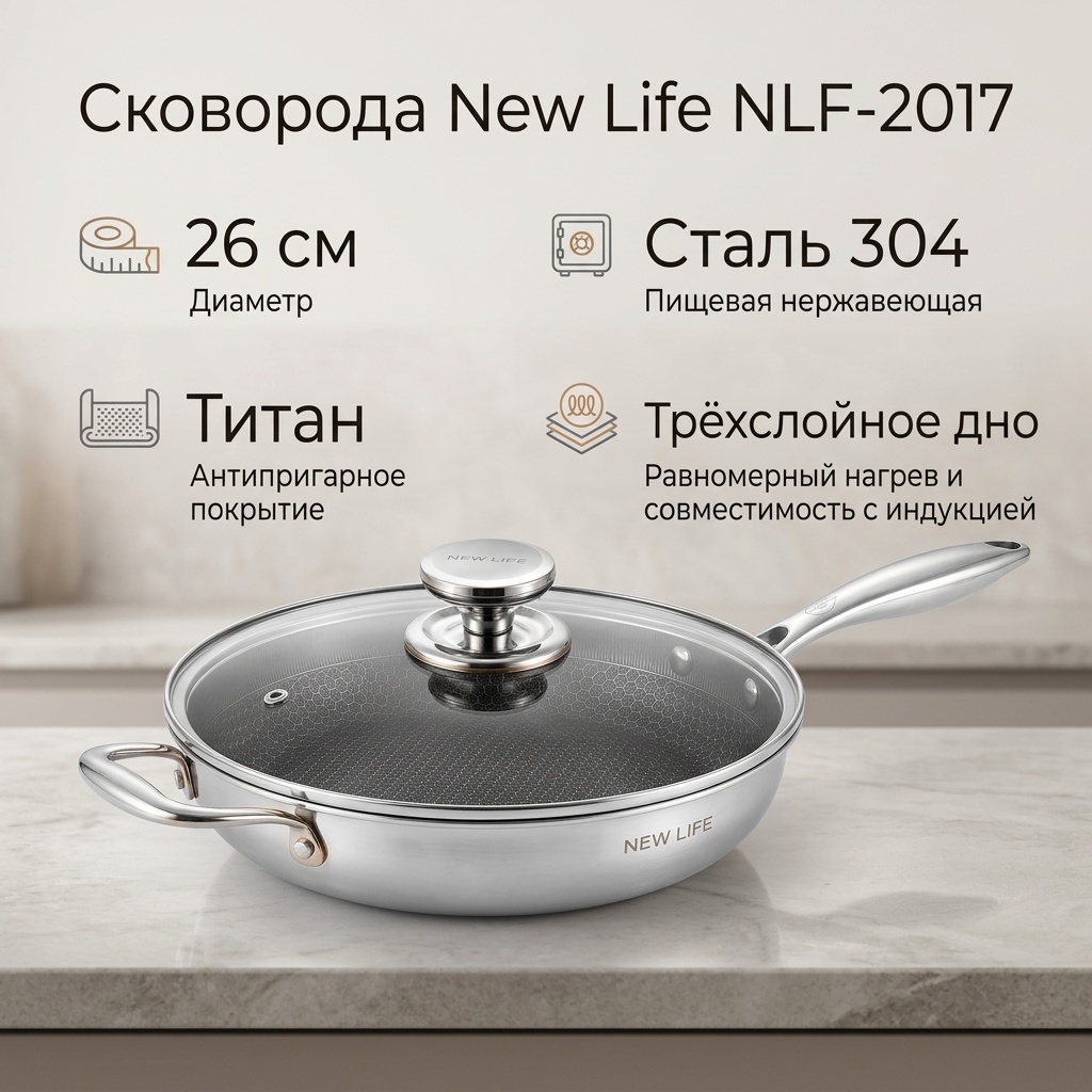Сковорода New Life 26 см с антипригарным покрытием, нержавеющая сталь