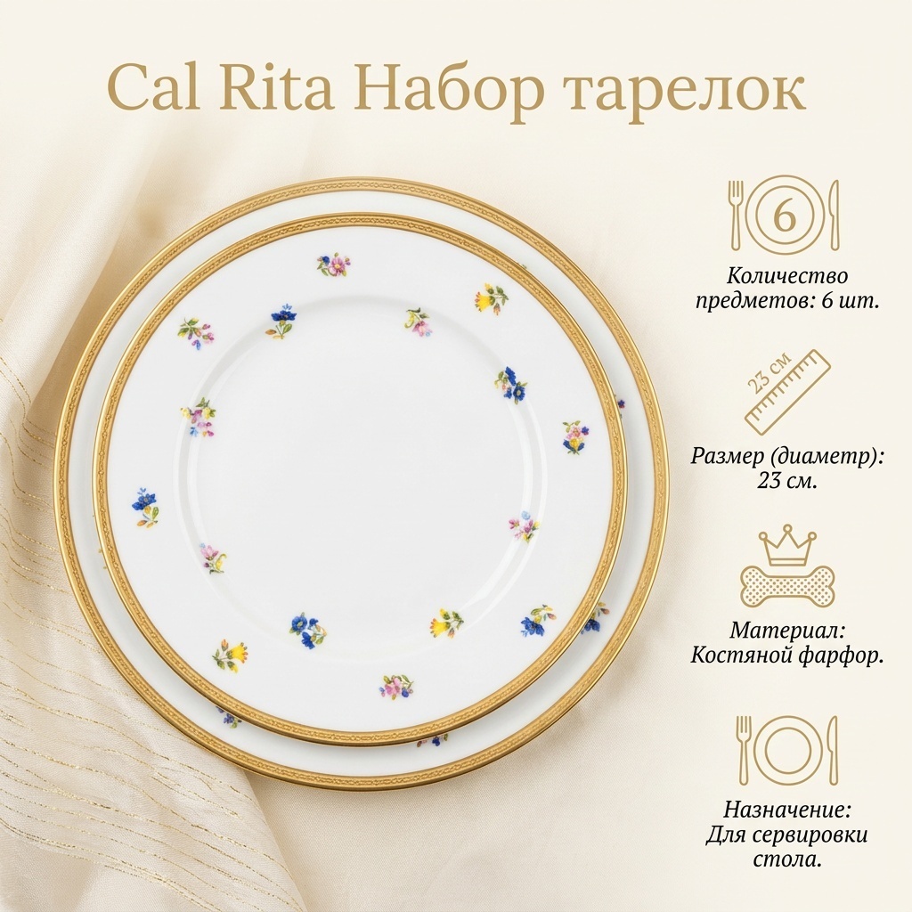 Набор тарелок Cal Rita 23 см, 6 шт, костяной фарфор