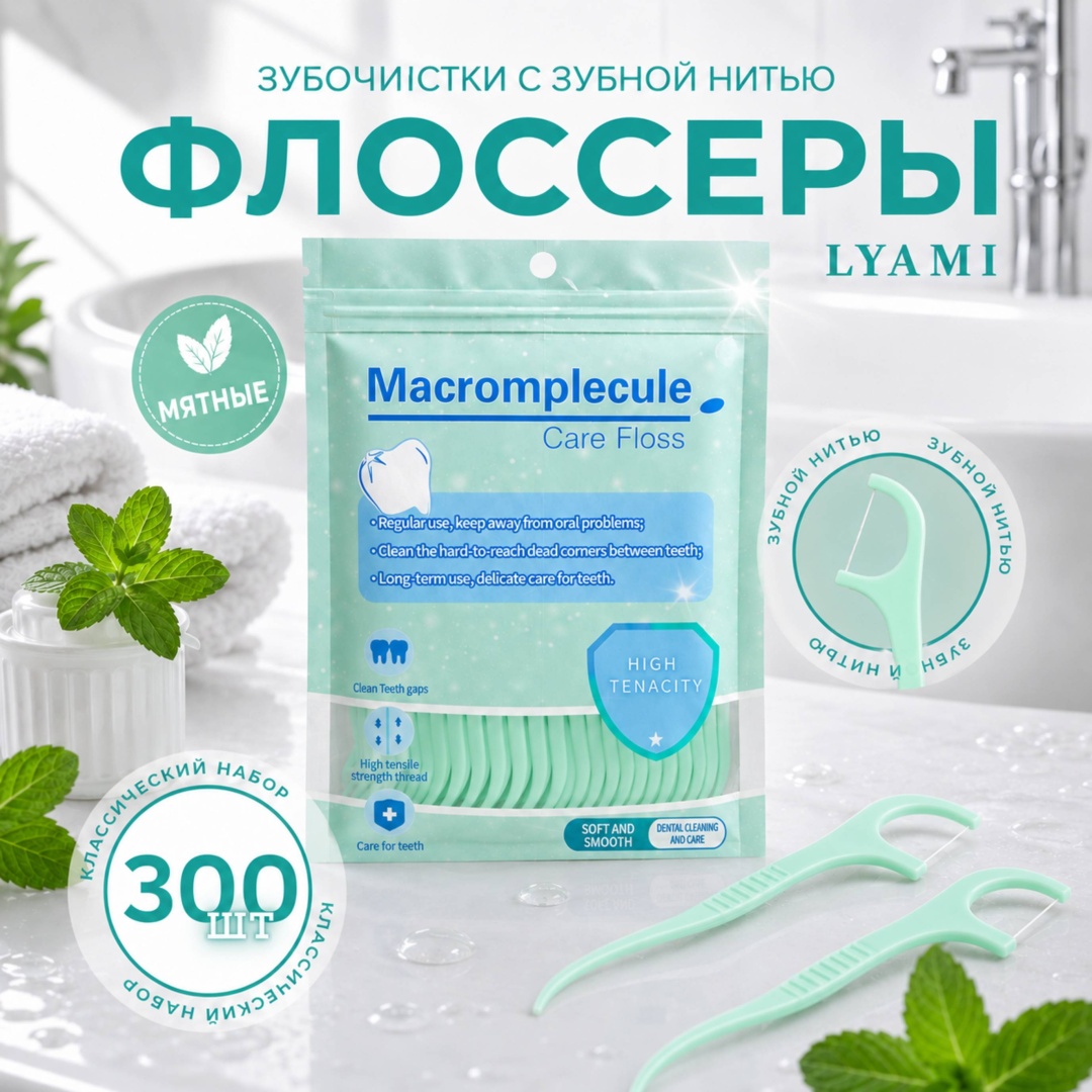 с мятной нитью, флоссеры 300 шт