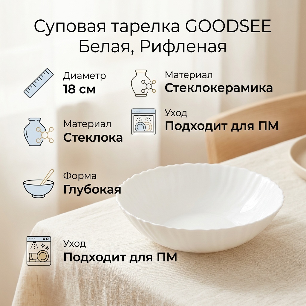 Суповая тарелка GOODSEE БЕЛАЯ, РИФЛЕНАЯ 18 см, 1 шт, стеклокерамика