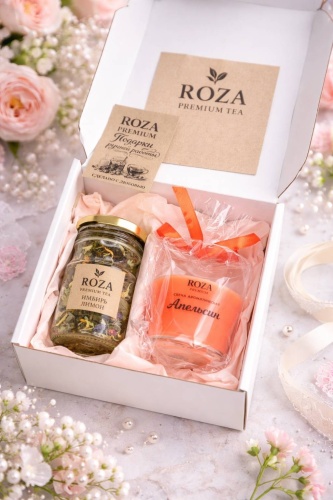 Roza Premium Женский подарочный набор Чайная церемония Свеча Апельсин, чай Имбирь лимон подарок маме, сестре, подруге, коллеге, учителю, на новоселье женский набор