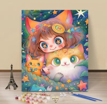 Картина по номерам Девочка с котиком холст на подрамнике 30x40 см