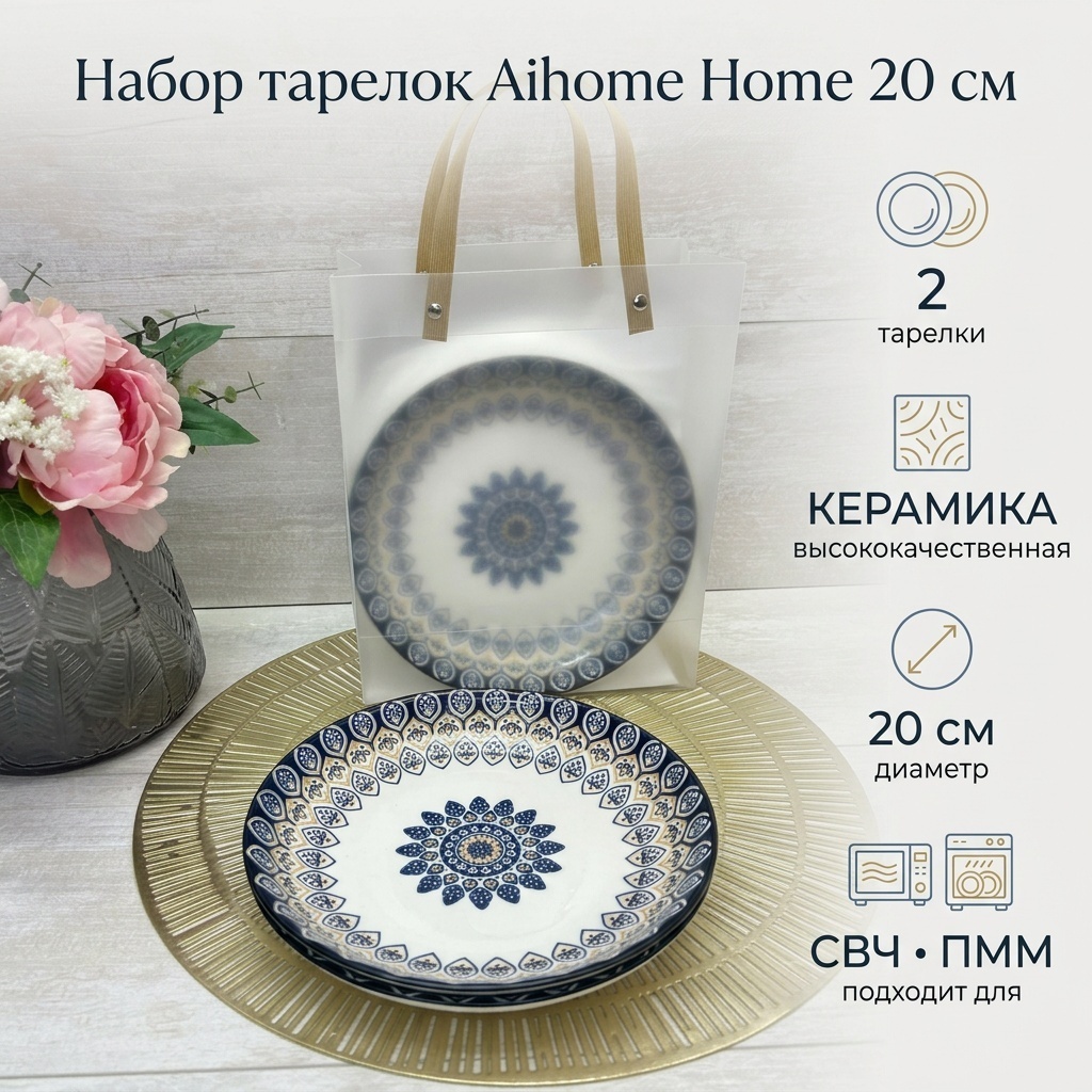 Обеденная тарелка Aihome 20 см, 2 шт, керамика
