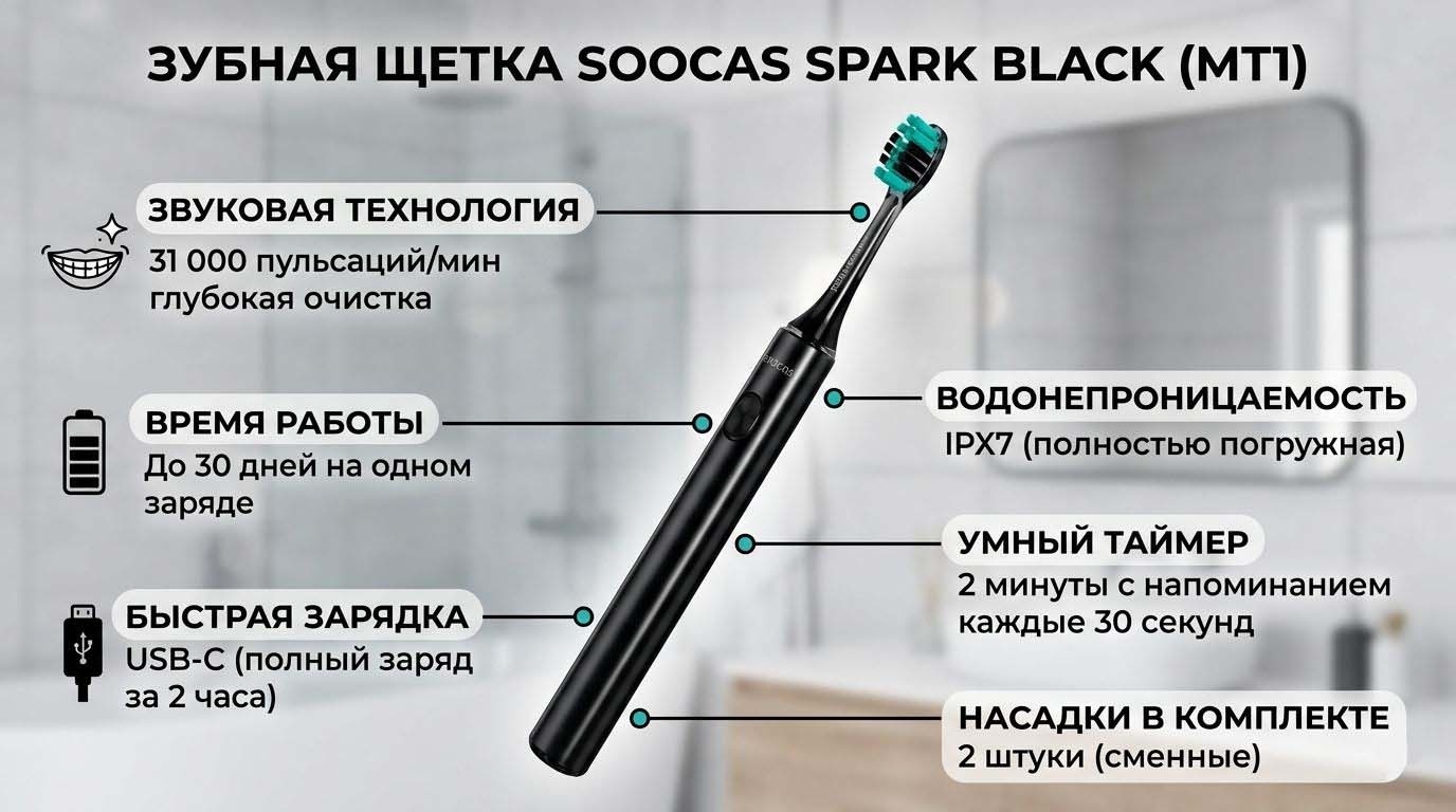 Soocas звуковая щетка MT1/BLACK щетина средняя черный
