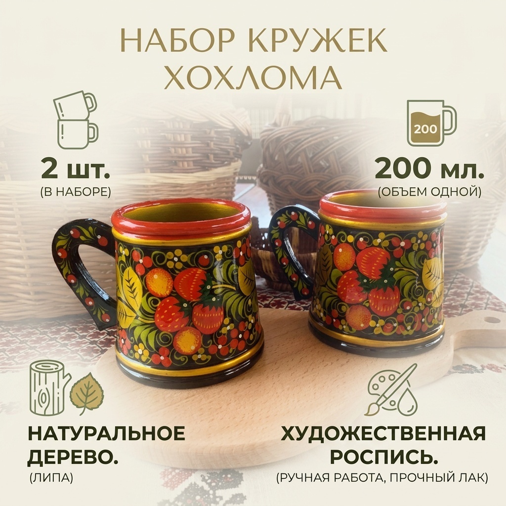 Набор кружек Хохлома , 200 мл, дерево, 2 шт.