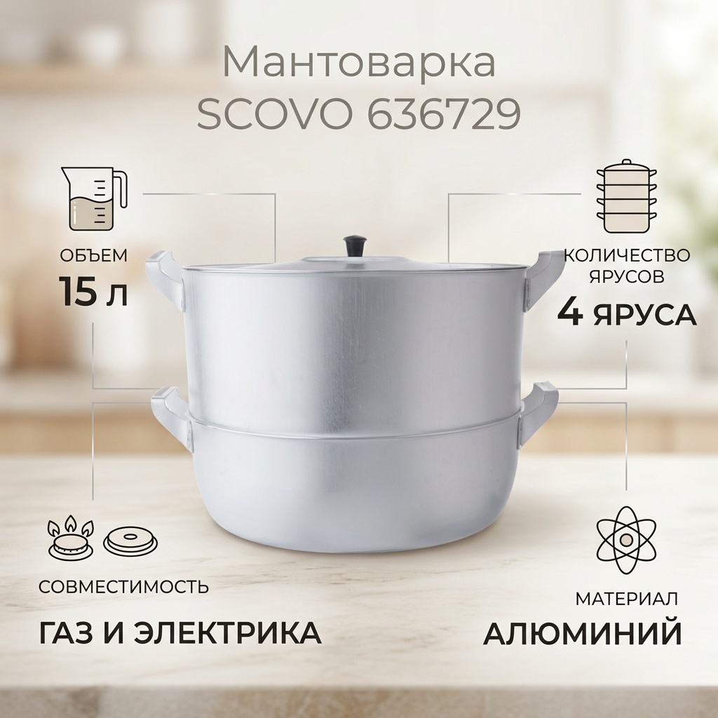 Мантоварка 15 л, SCOVO алюминий, количество ярусов: 4
