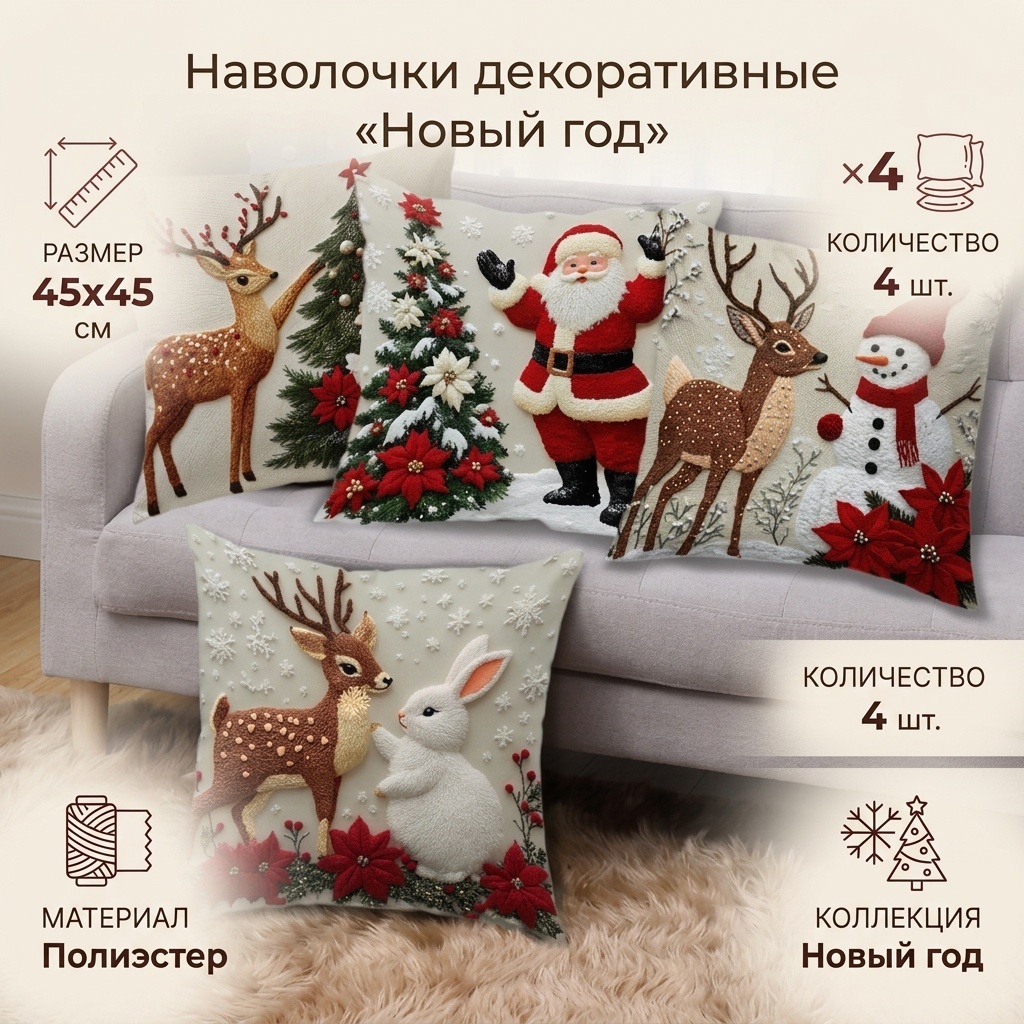 Наволочка Новый год 45x45 полиэстер, 4 шт