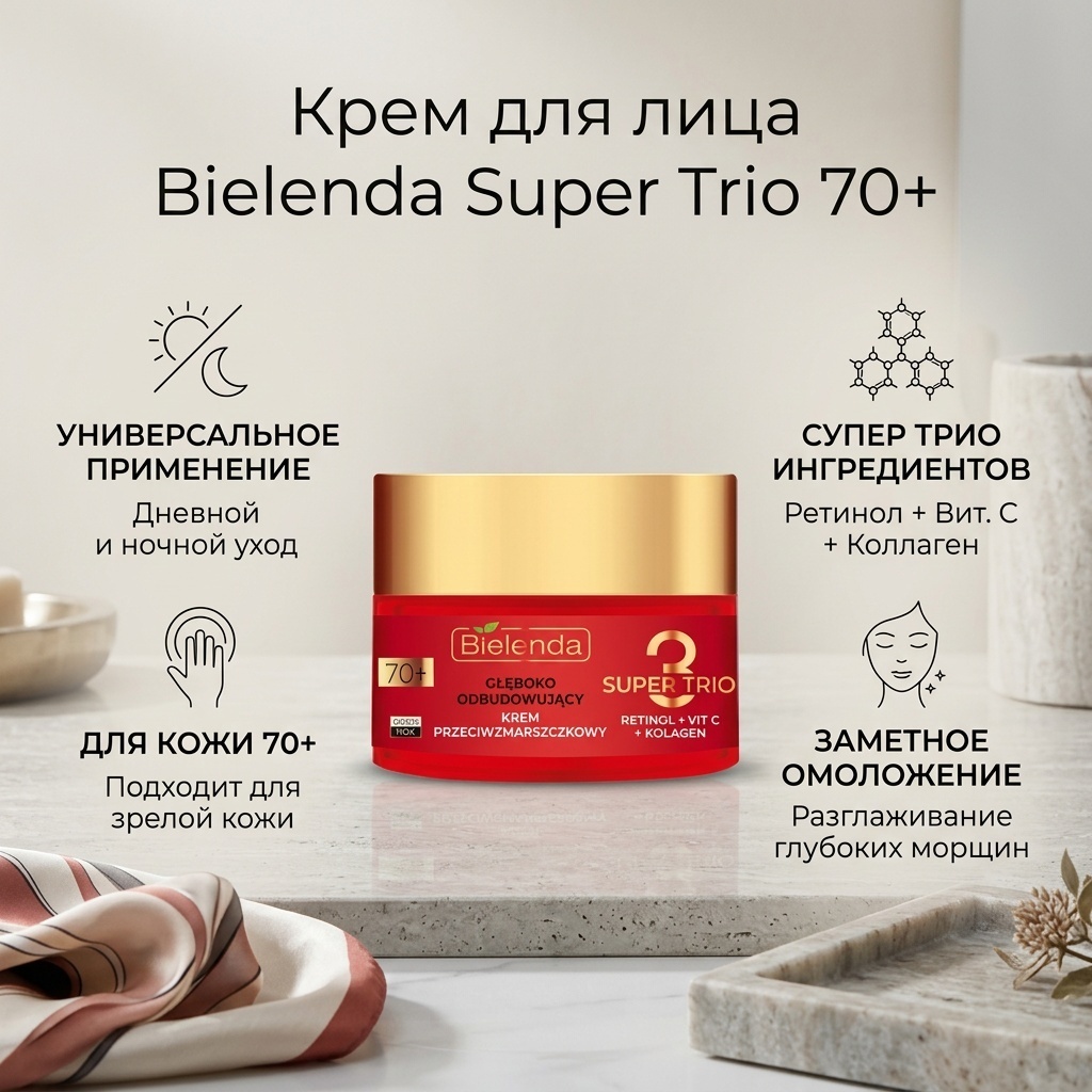 Bielenda крем Super Trio Retinol, Vit C, Kolagen 70+ для лица 50 мл