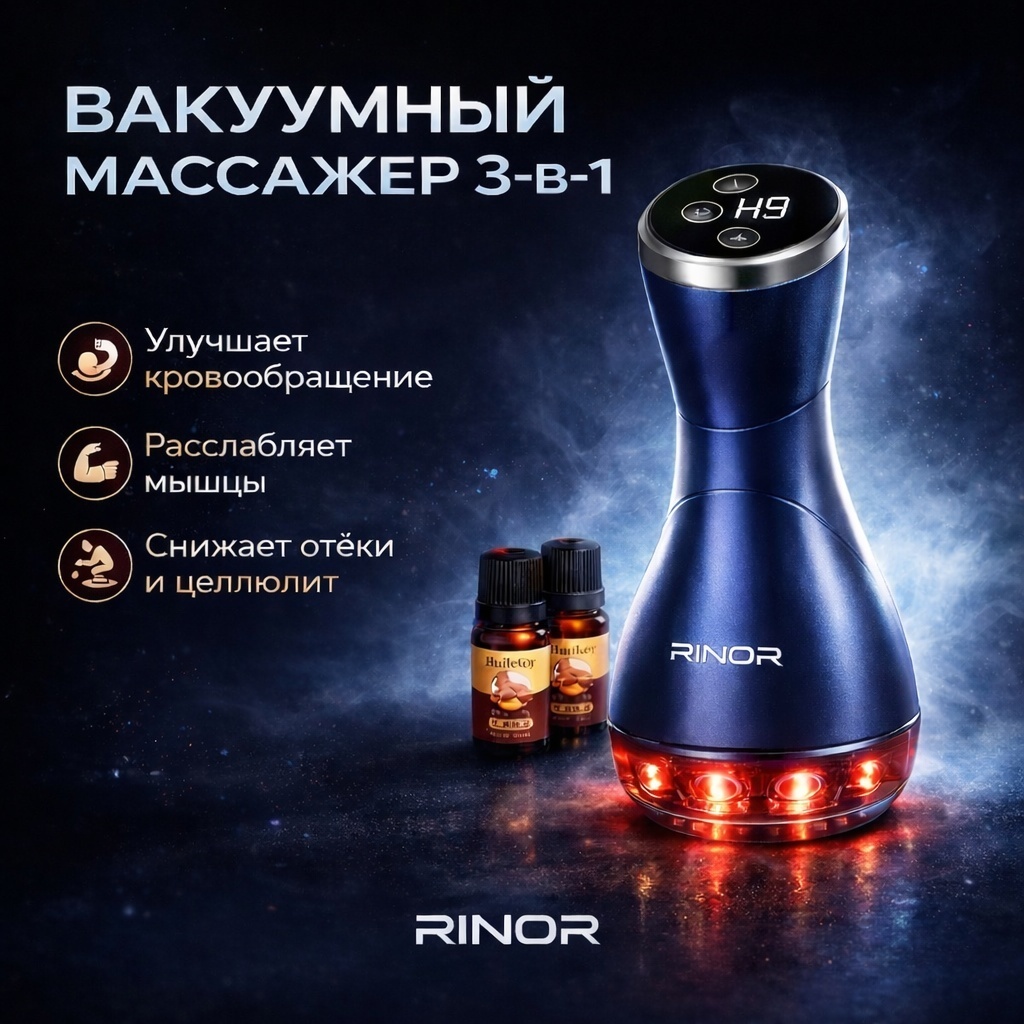 RINOR вакуумные банки, массажер пластик 3-в-1 с подогревом, 17 х 9 см