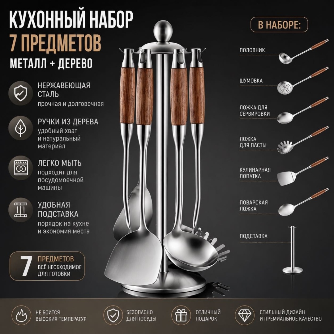 Набор кухонных инструментов Министерство подарков бамбук, металл, 7 шт