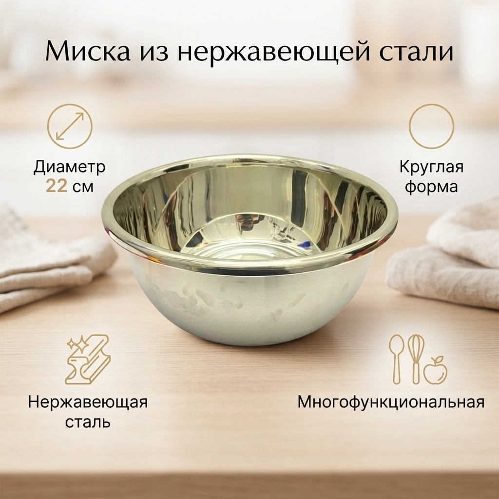 Миска 22х22 см, нержавеющая сталь, 1 шт