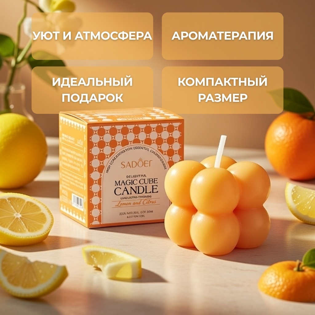 Ароматическая свеча SADOER Magic Cube Aromatherapy Candle (Lemon and Citrus) 6 см, 1 шт, фото 2
