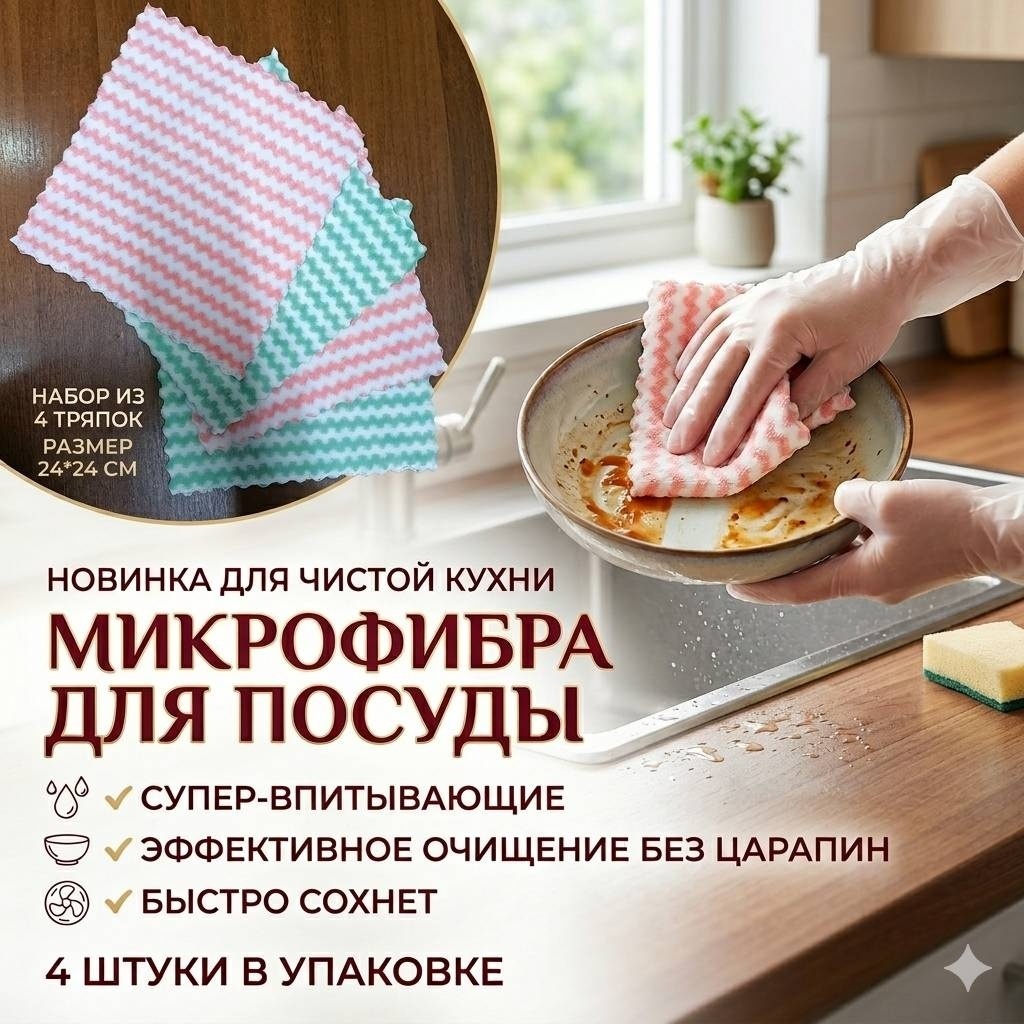 Тряпка универсальная АНТИЖИР ЗеленРозов 4 шт, микрофибра