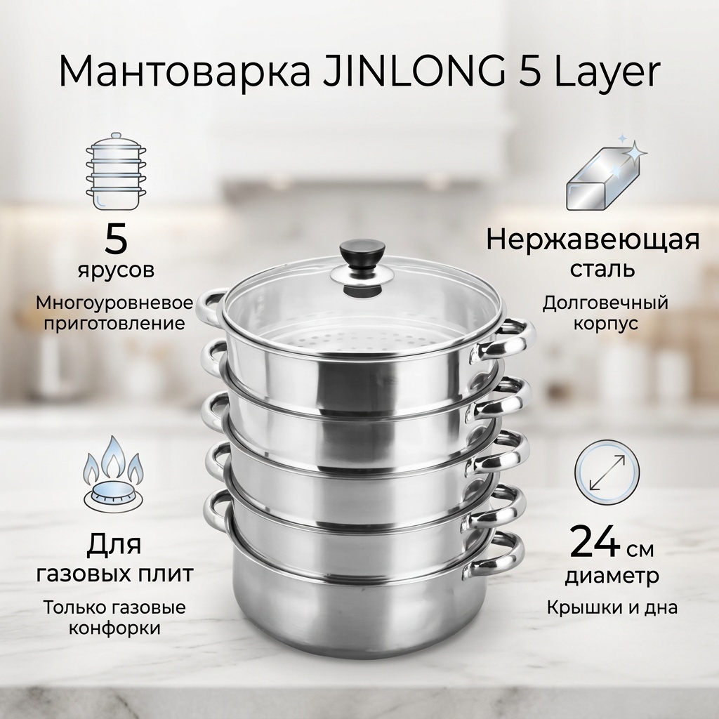 Мантоварка 3 л, JINLONG нержавеющая сталь, количество ярусов: 5