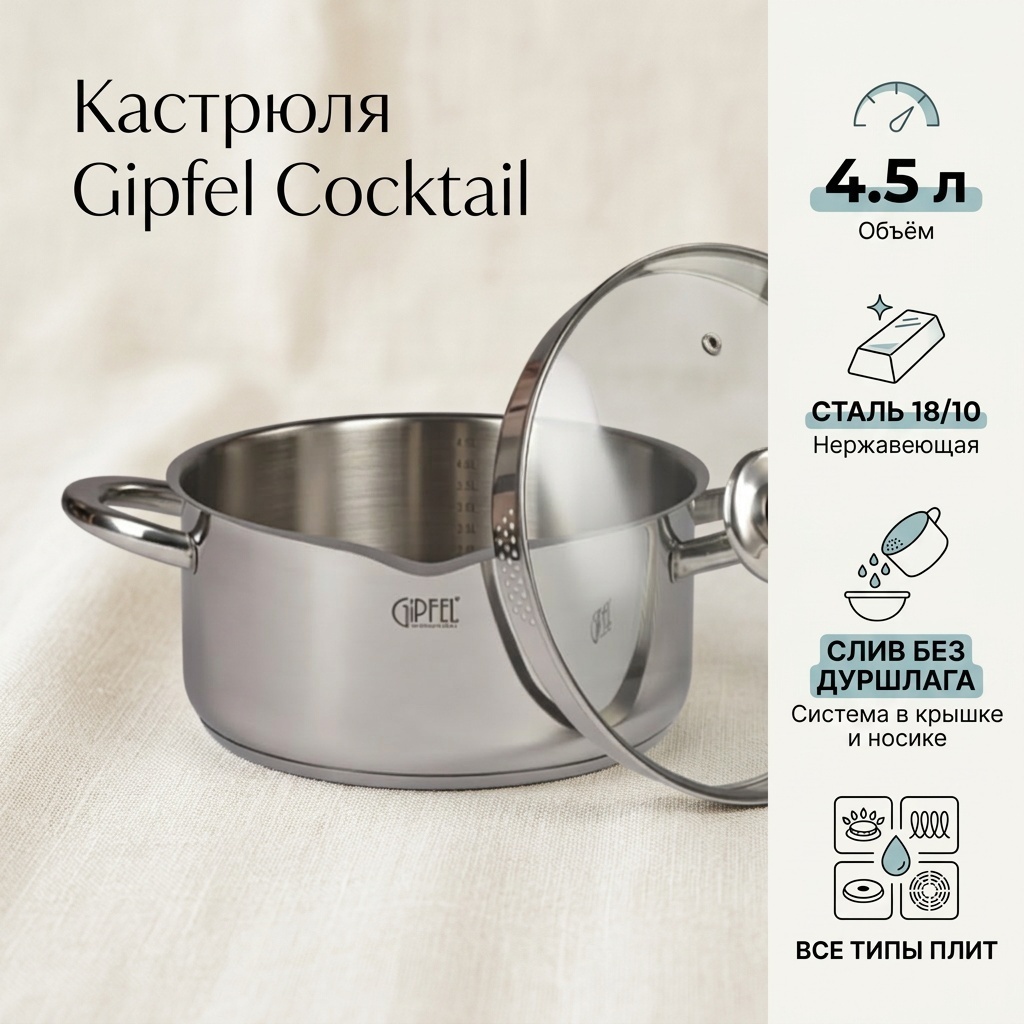 Кастрюля 4.5 л, GiPFEL Gipfel Cocktail нержавеющая сталь