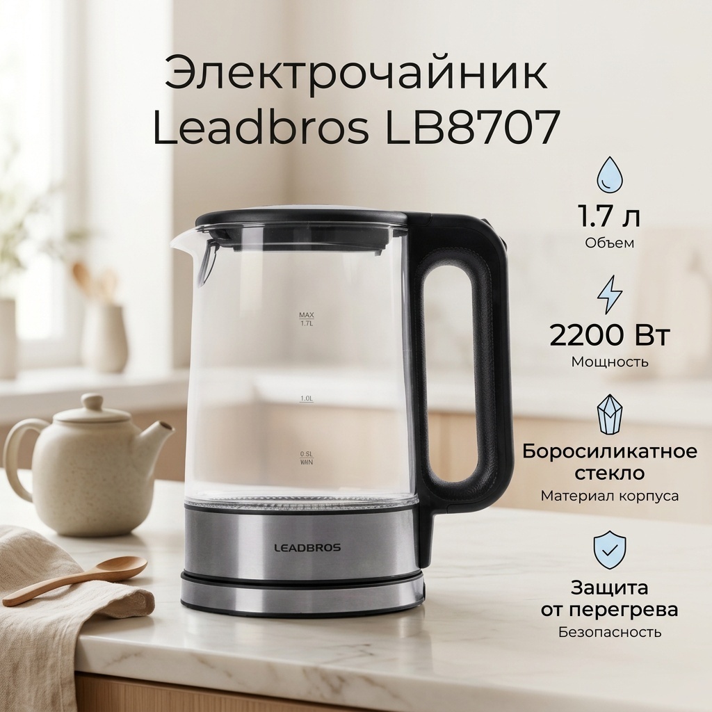 Электрочайник Leadbros LB8707 черный, прозрачный, серебристый