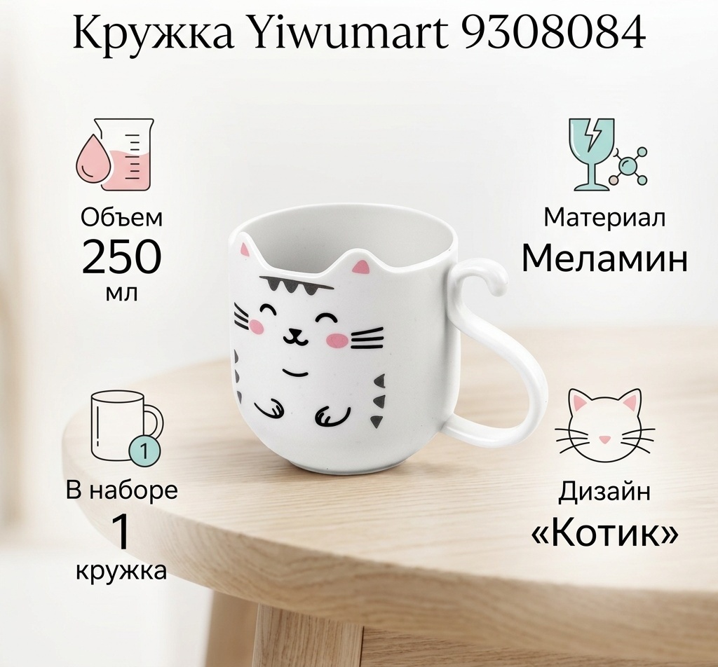 Кружка Yiwumart "Котик", 250 мл, меламин, 1 шт.