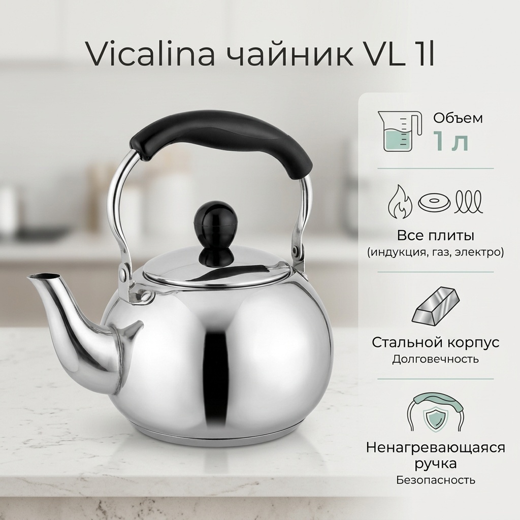 Vicalina чайник VL 1l 1 л, нержавеющая сталь, бакелит