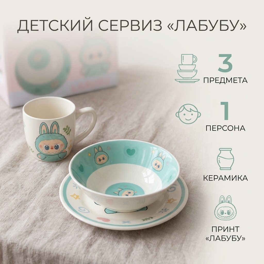 Сервиз на 1 персону Лабубу, предметов: 3, детский, керамика