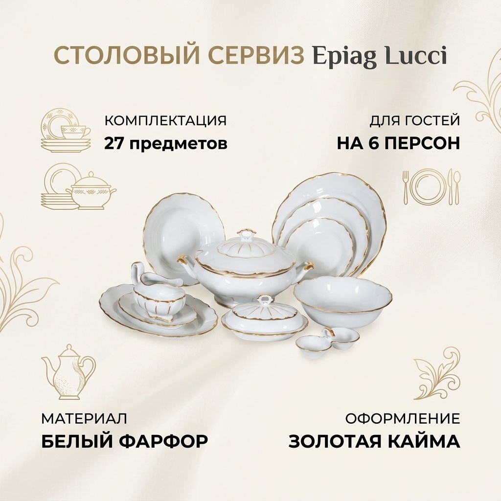 Сервиз на 6 персон LUCCI Сервиз столовый на 6 персон Epiag, фарфор, Чехия, предметов: 27, столовый, фарфор