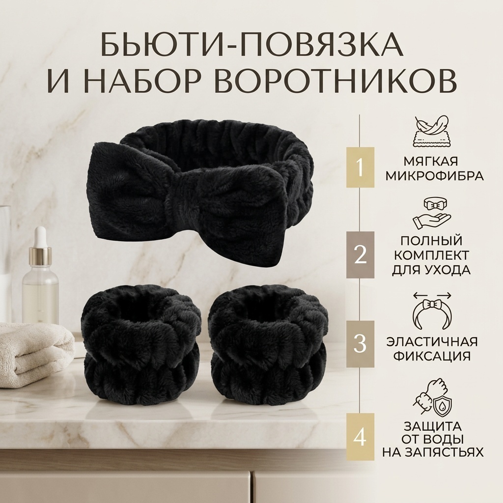 A beauty повязка для головы, для умывания черный 3 шт