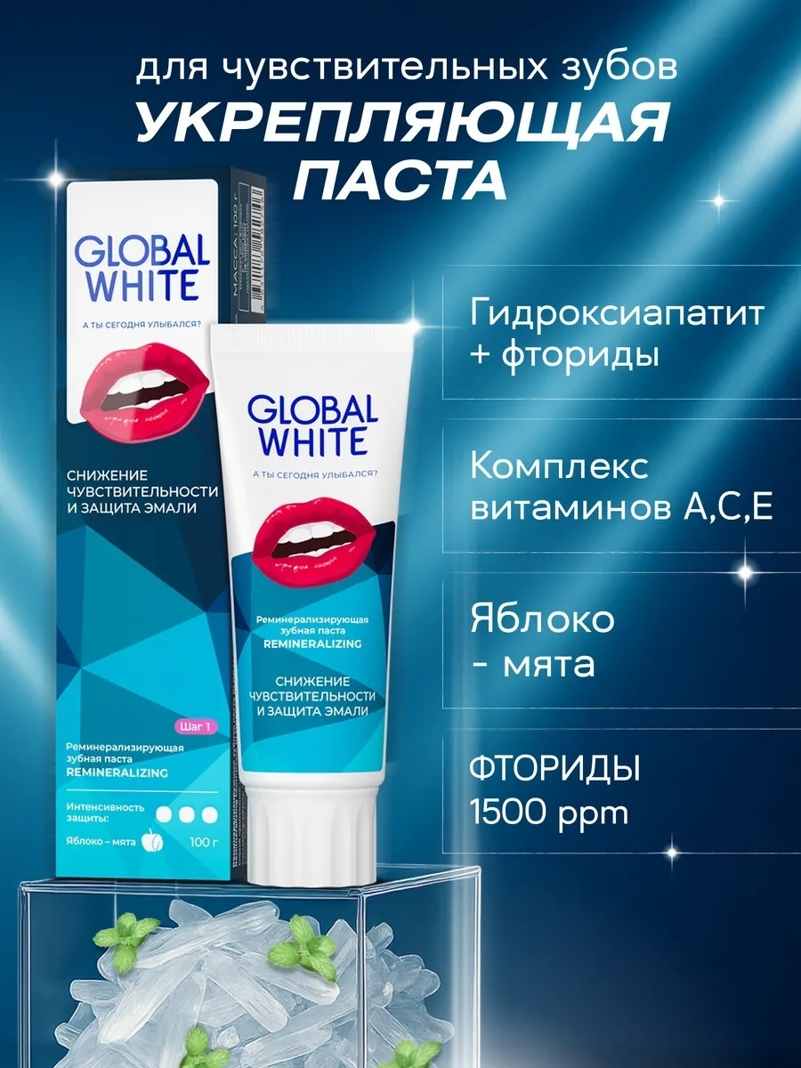 Зубная паста Global White Remineralizing укрепляет эмаль и защищает от кариеса, 100 мл