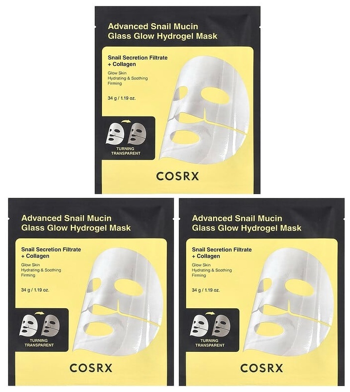 Маска для лица COSRX тканевая Advanced Snail Mucin Glass Glow Hydrogel Beauty Mask, 3 шт., 34 г 3 шт