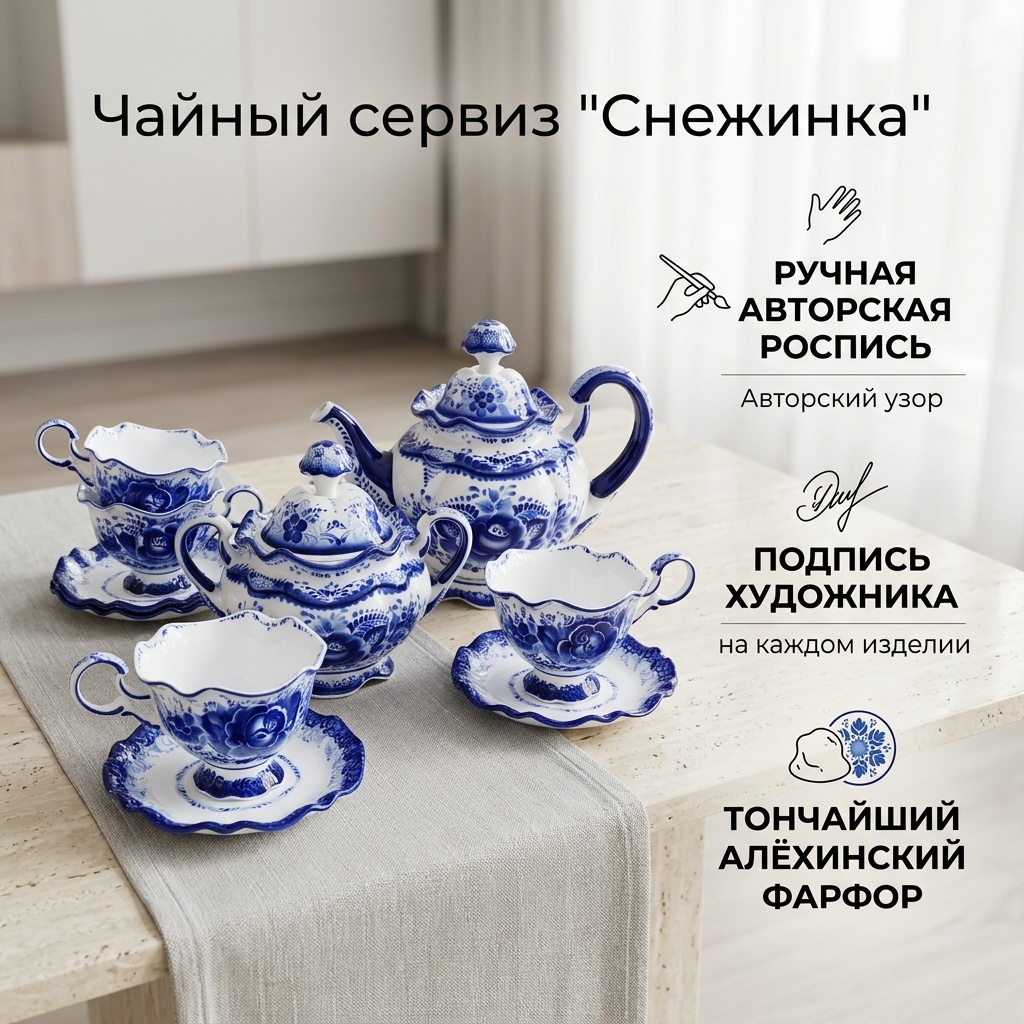 Сервиз на 6 персон Гжель Снежинка, предметов: 14, чайный, фарфор
