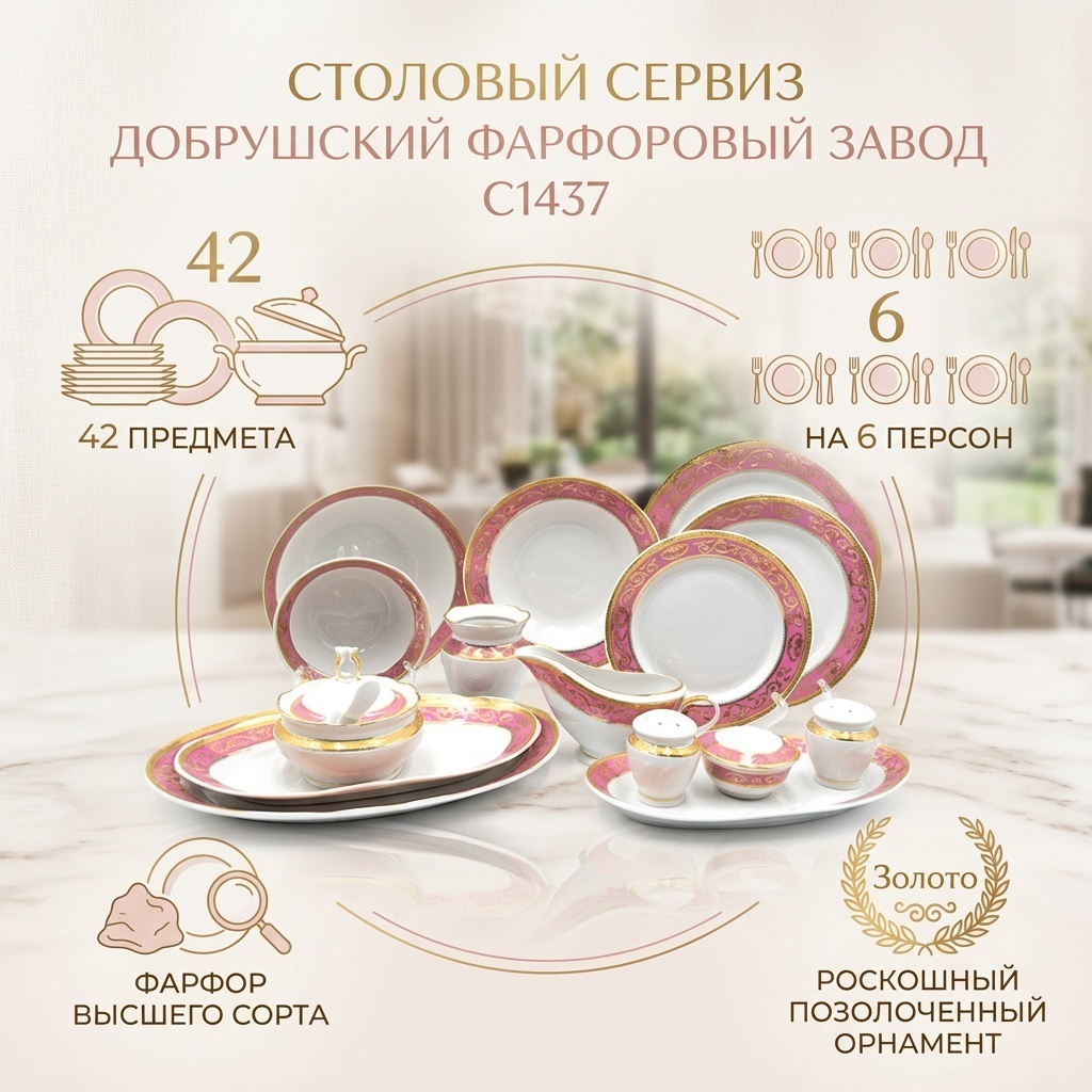Сервиз на 6 персон Добрушский фарфоровый завод , предметов: 42, столовый, фарфор