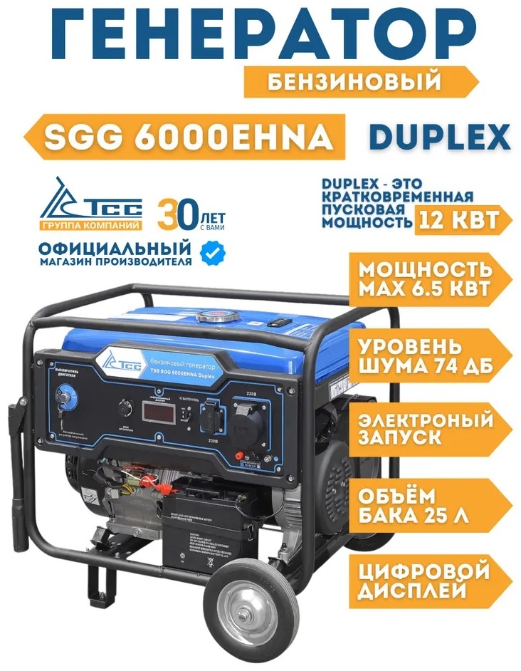 Электростанция бензиновая ТСС 6 кВт 1 (220 В), 6000EHNA Duplex