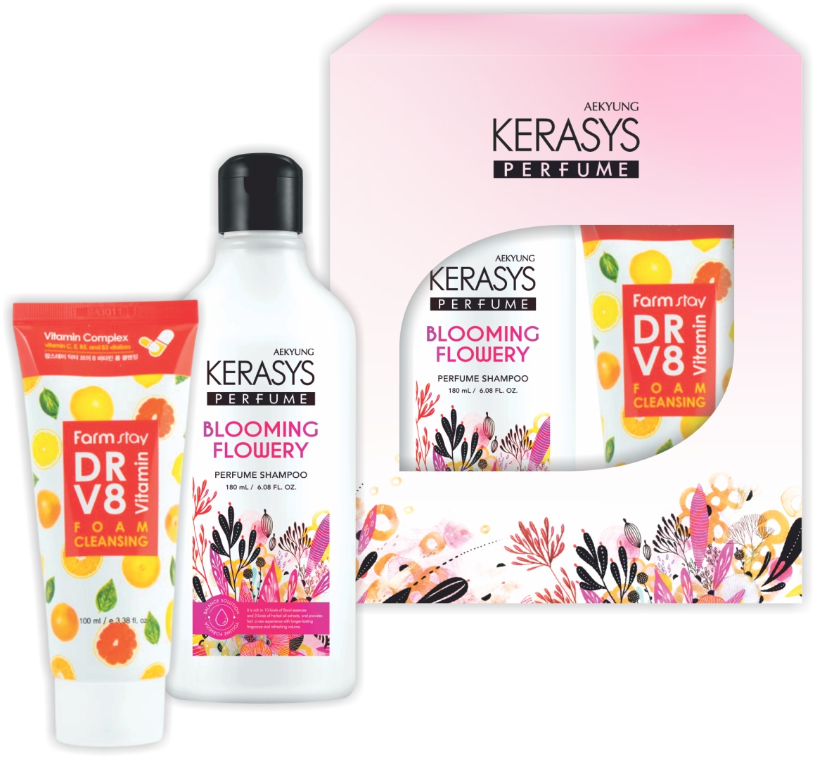 KeraSys шампунь Blooming Flowery 180 мл + пенка для умывания Farmstay 100 мл набор по уходу за волосами и телом для женщин