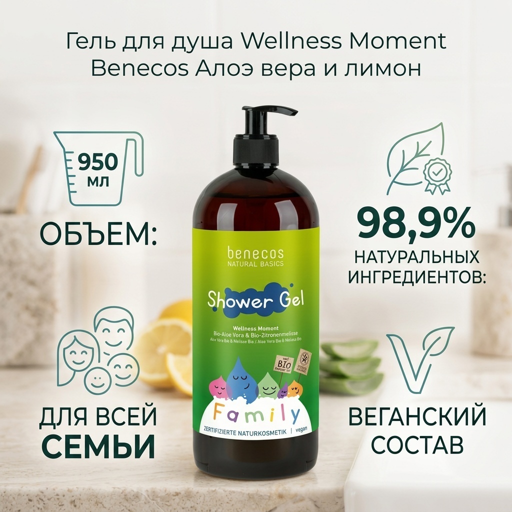 Benecos Wellness Moment Алоэ вера и лимон гель 950 мл