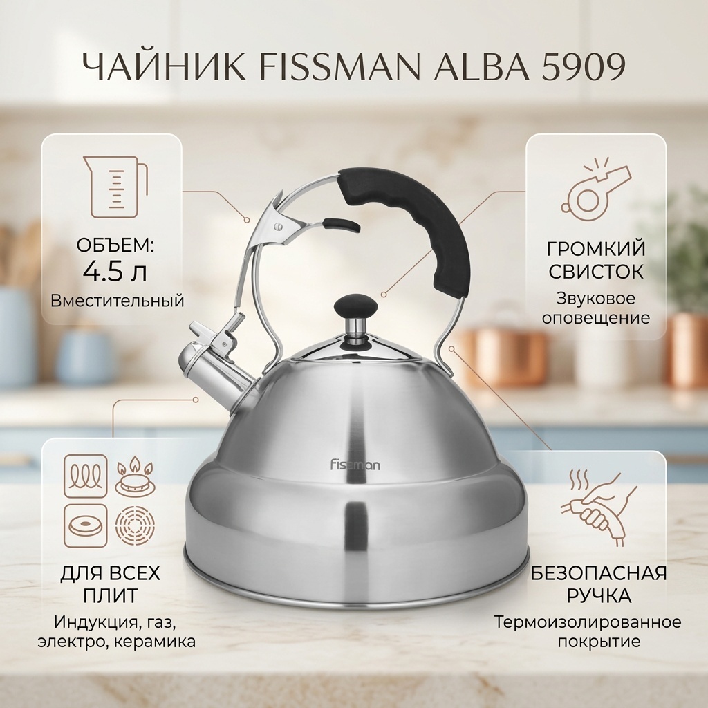 Fissman чайник Alba 5909 4.5 л, нержавеющая сталь