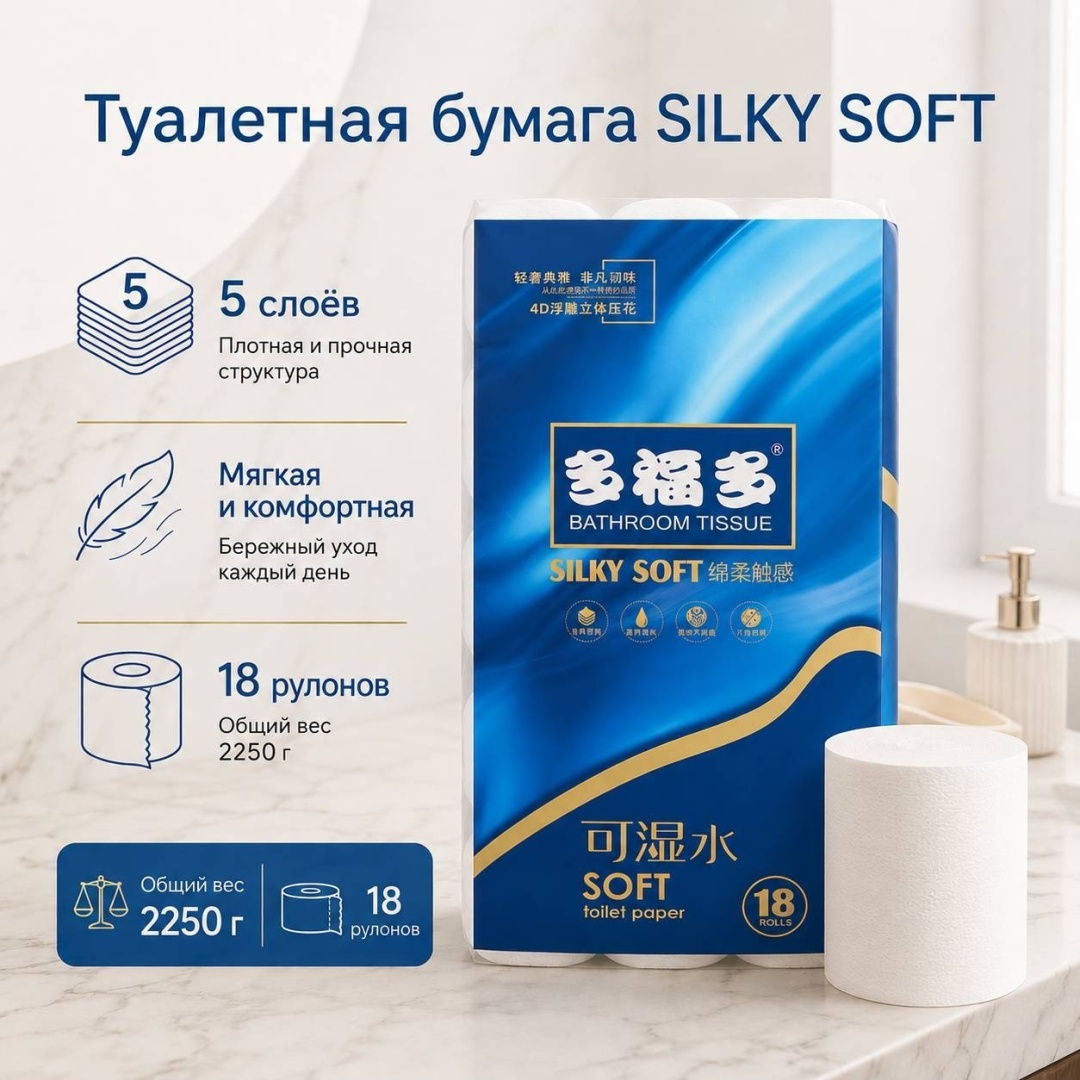 Туалетная бумага 5-слойный 18 шт, первичная целлюлоза