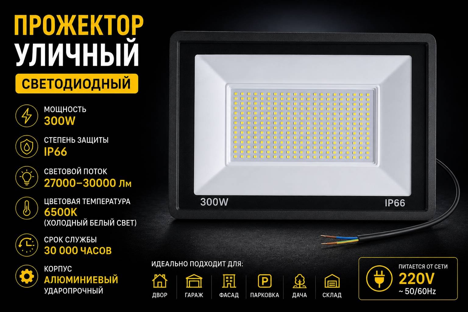 Прожектор на кронштейне MIKROL 300 Вт, холодный белый