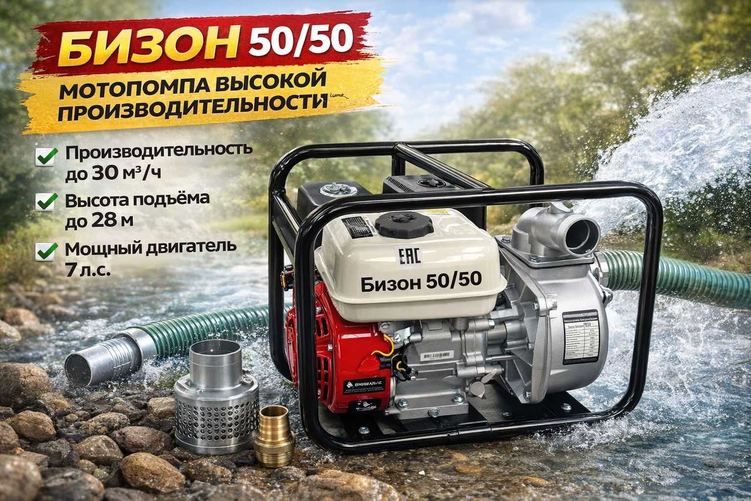 Мотопомпа Бизон 50/50 мм 7 л/с