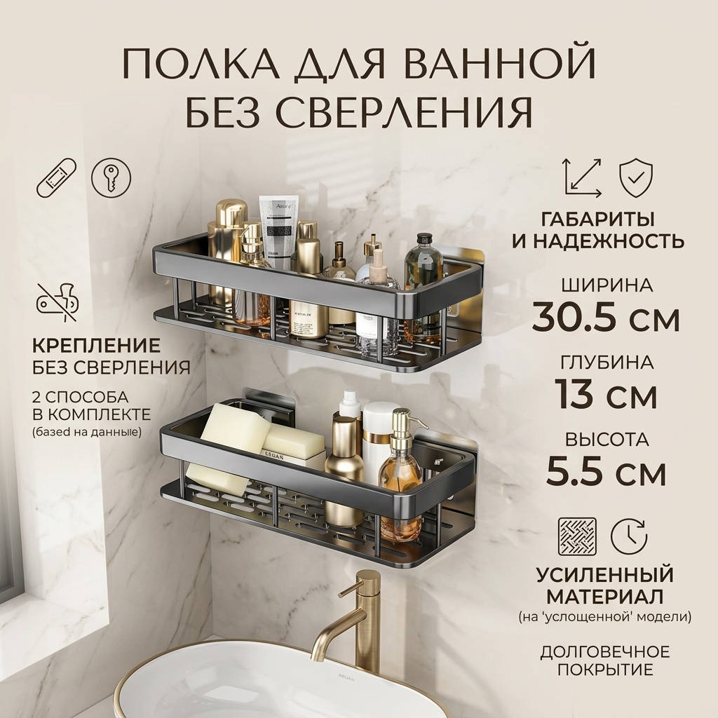 Полка Полка с клеем без гвоздей 2 шт, металл, нержавеющая сталь